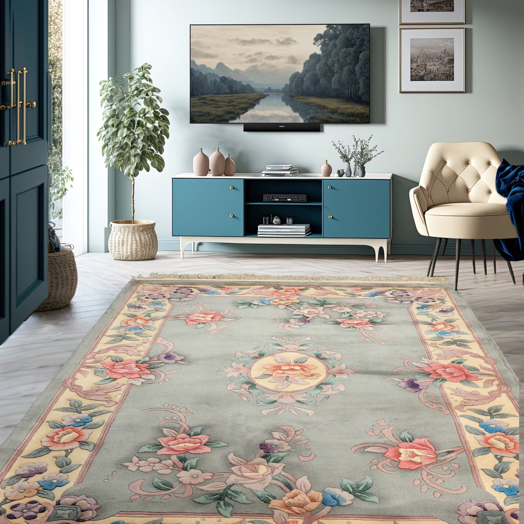 4x6 Celadon, Ivory, Lavender Color Hand Knotted Chinese Art Deco Wool Traditional Oriental Rug