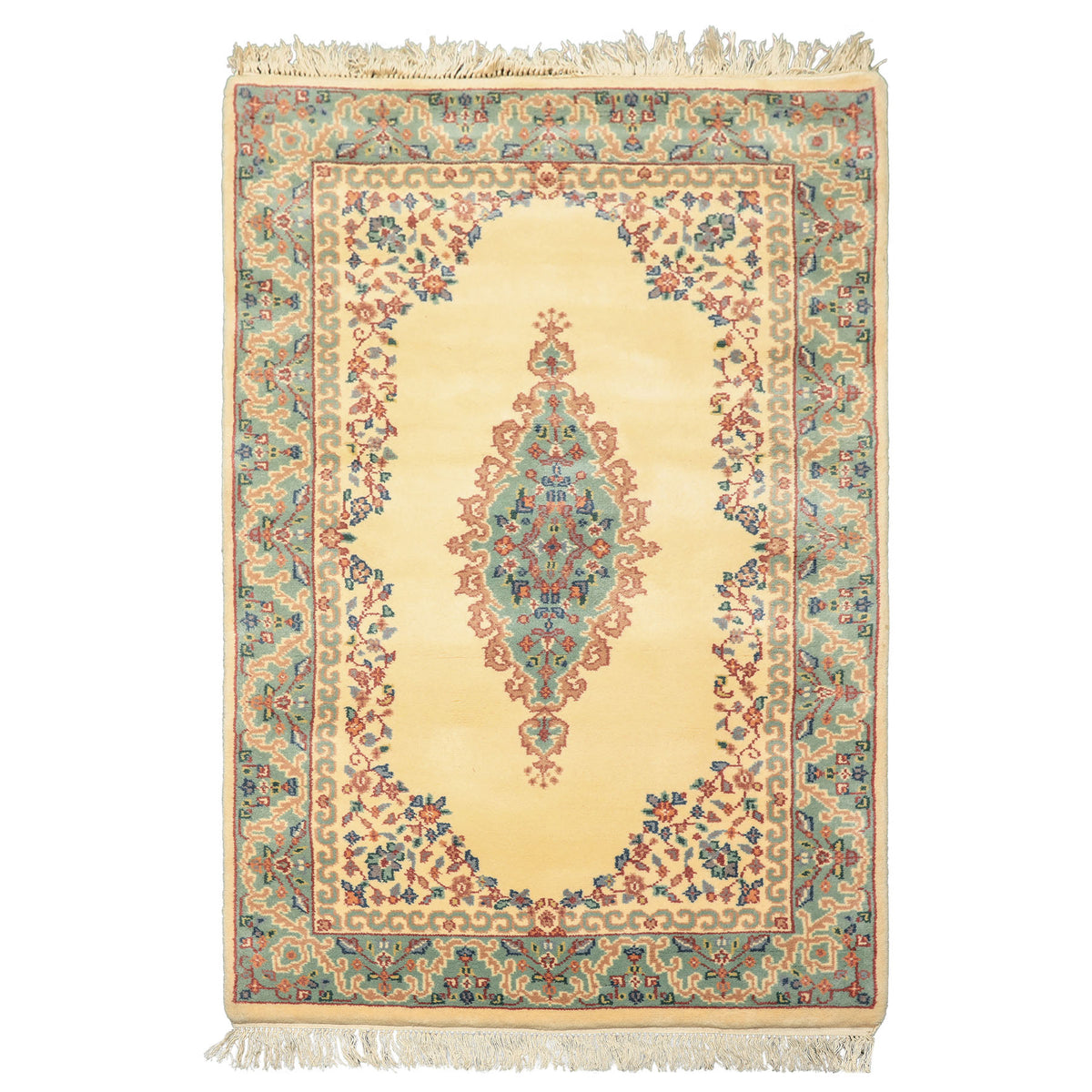 4x6 Ivory, Turquoise, Blush Color Hand Knotted Indo Kerman New Zealand Wool Traditional Oriental Rug