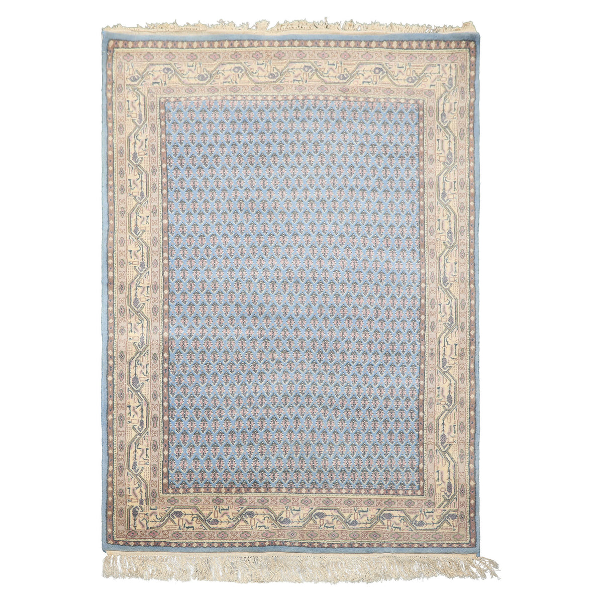 4x6 Blue, Ivory, Taupe Color Hand Knotted Boteh Wool Traditional Oriental Rug