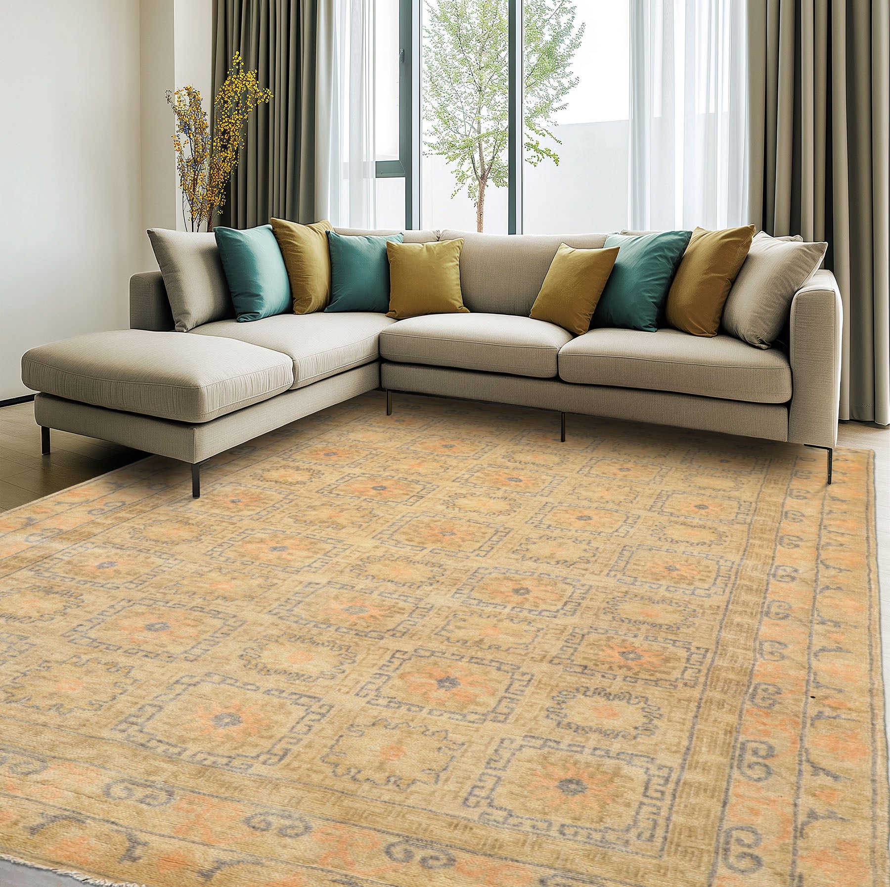 6x9 Beige, Peach, Slate Color Hand Knotted Oushak Wool Transitional Oriental Rug