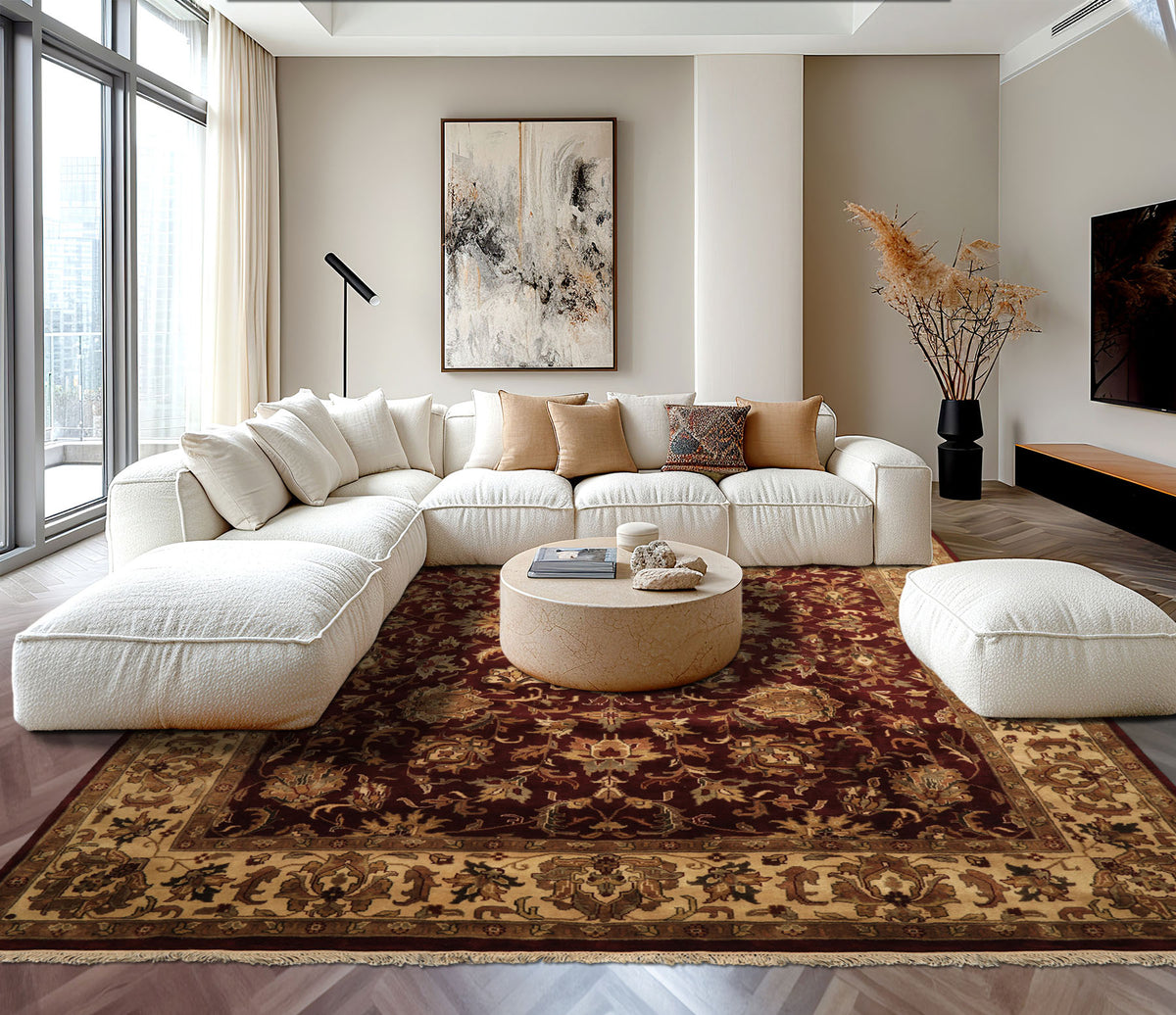 9x12 Maroon, Ivory, Brown Color Hand Knotted Agra Wool Traditional Oriental Rug