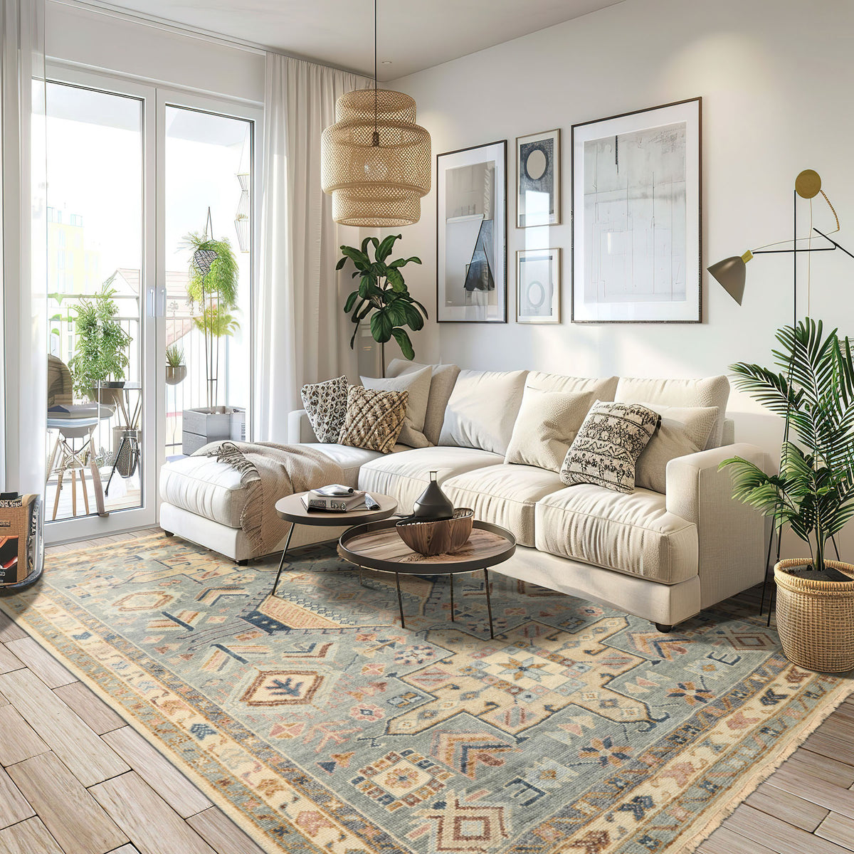 8x10 Aqua, Ivory, Blue Color Hand Knotted Oushak Wool Traditional Oriental Rug