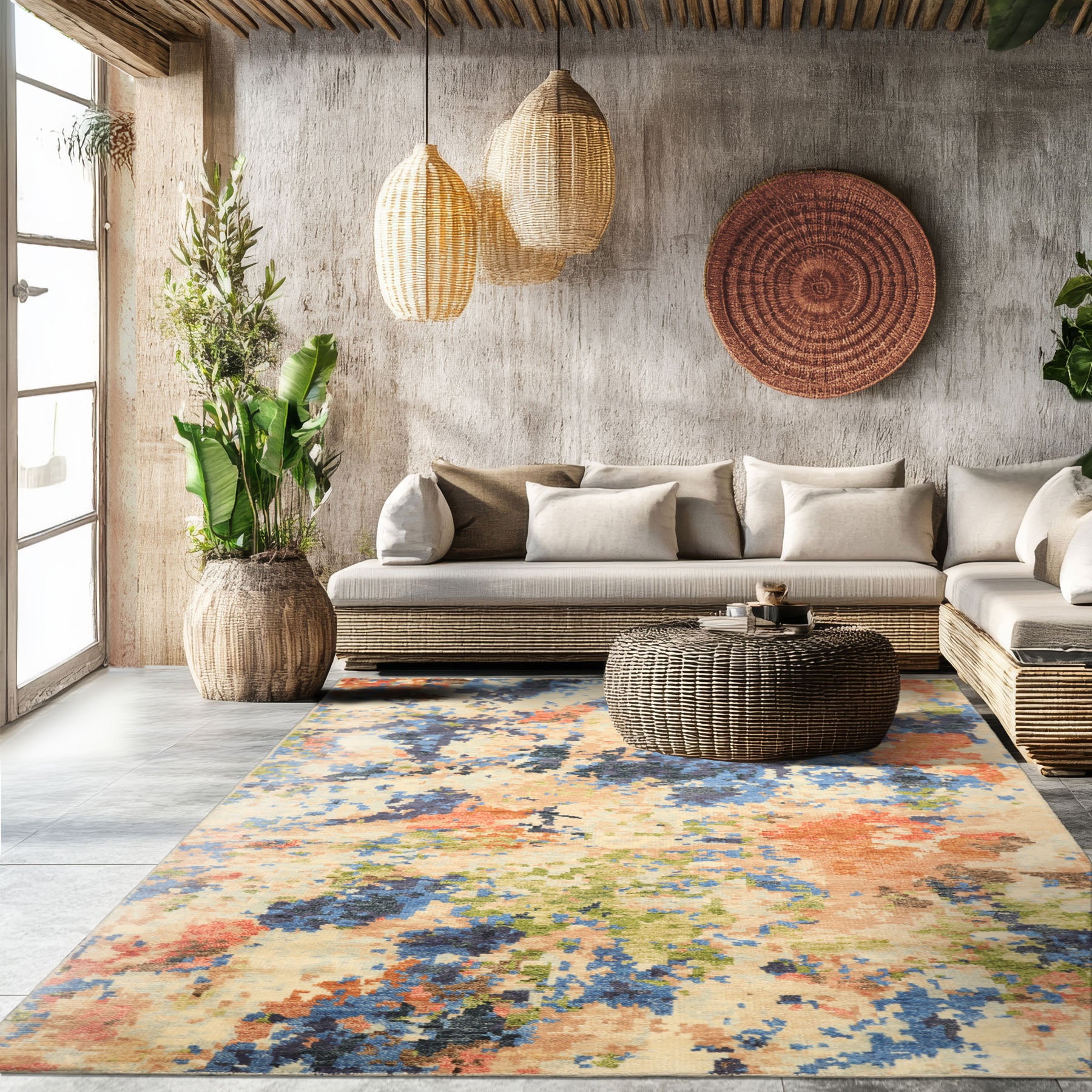 6x9 Beige, Ivory, Rust Color Hand Knotted Indo Tibetan Wool Modern & Contemporary Oriental Rug