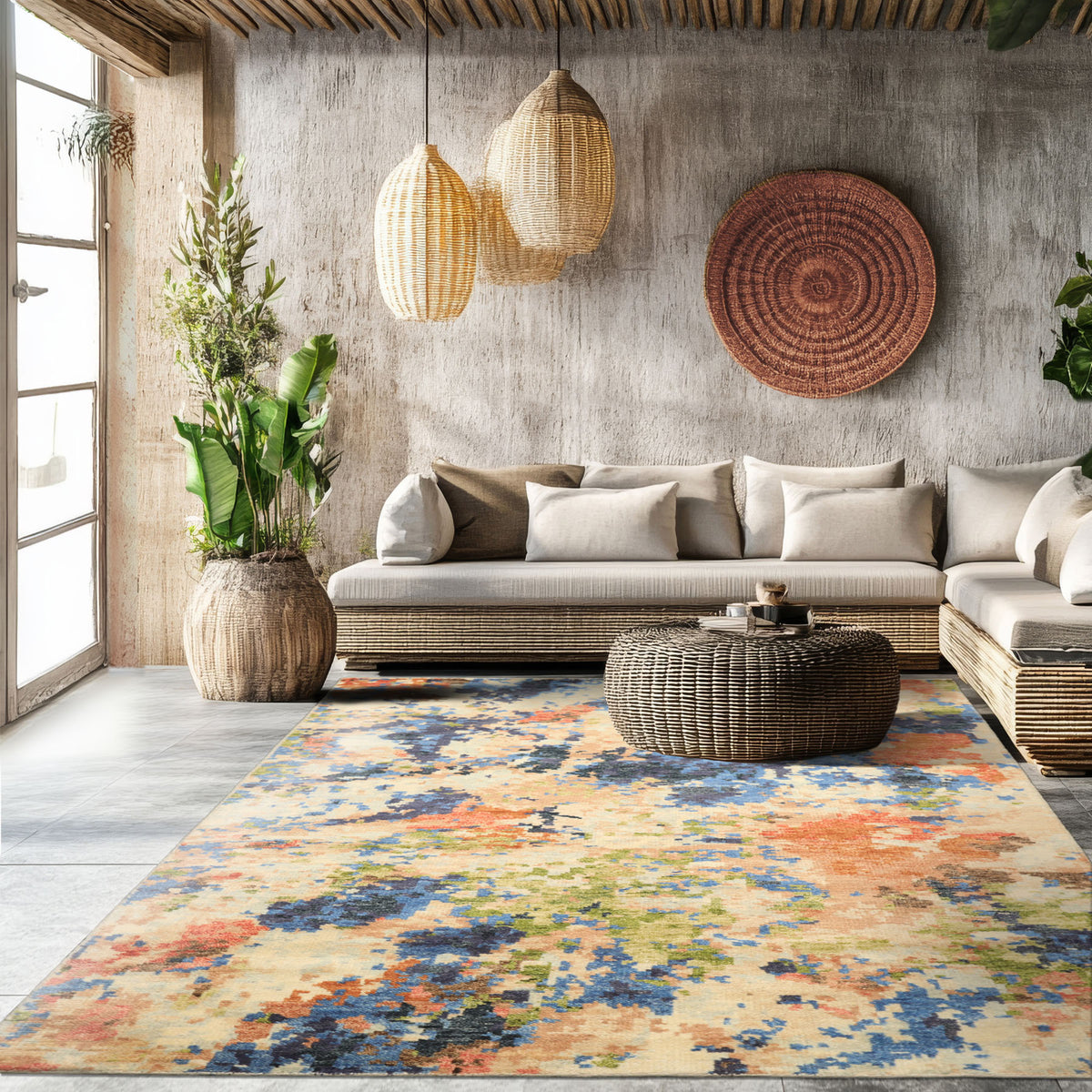 6x9 Beige, Ivory, Rust Color Hand Knotted Indo Tibetan Wool Modern & Contemporary Oriental Rug
