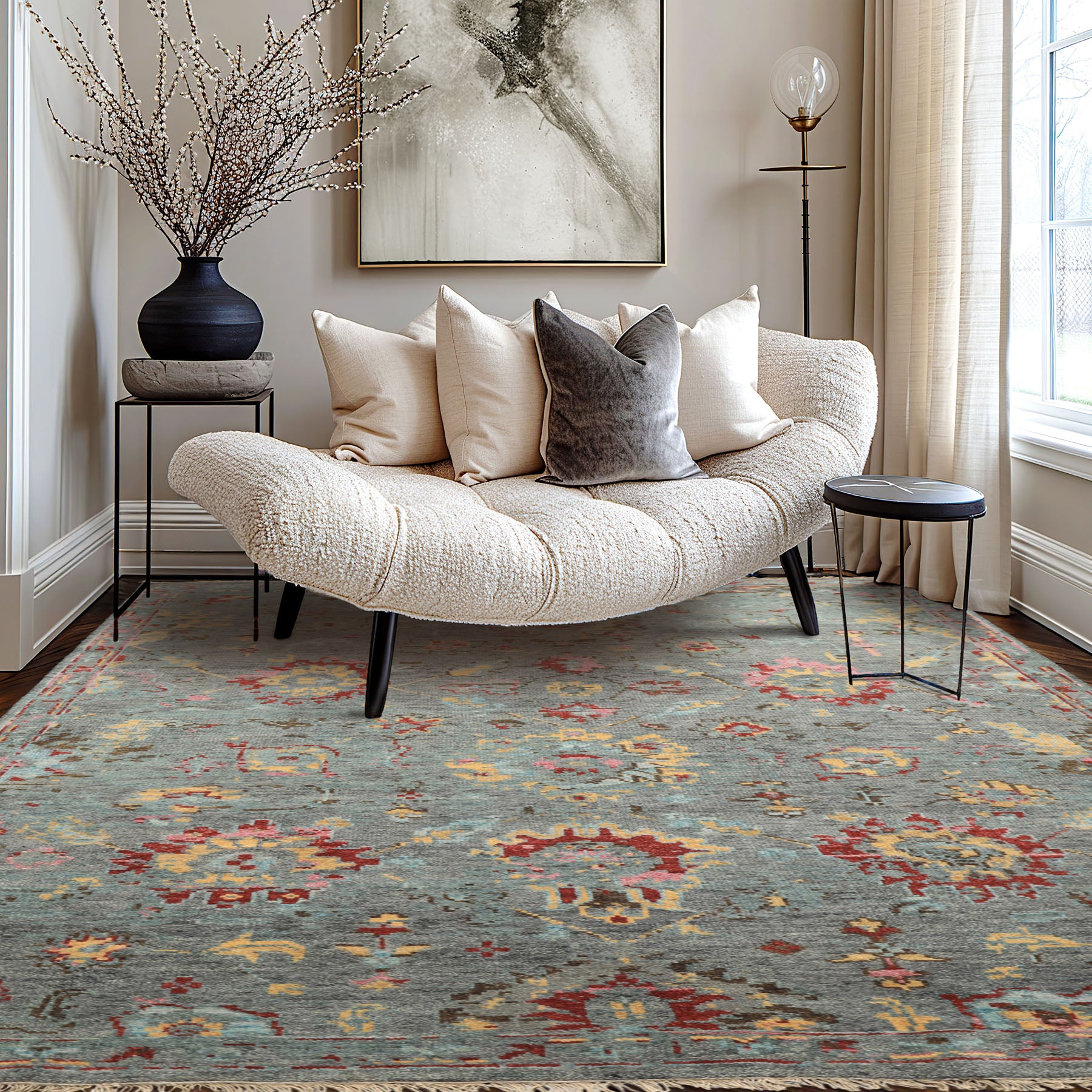 6x9 Gray, Aqua, Pink Color Hand Knotted Oushak Wool Traditional Oriental Rug