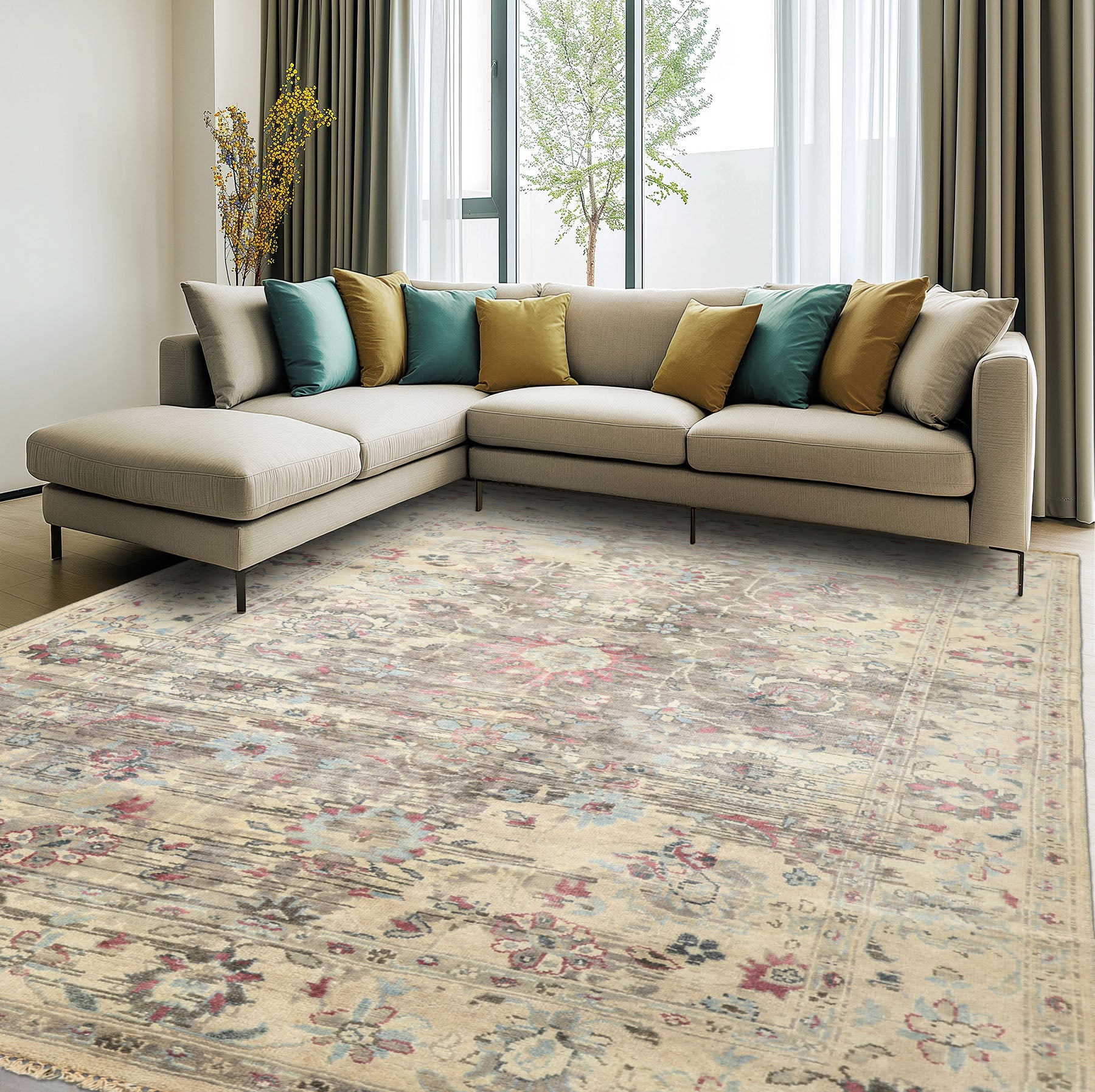 6x9 Taupe, Gray, Ivory Color Hand Knotted Oushak Wool Transitional Oriental Rug