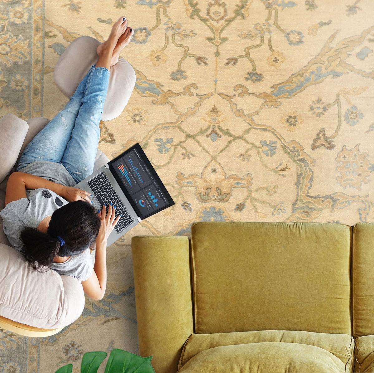 6x9 Beige, Aqua, Light Gold Color Hand Knotted Oushak Wool Traditional Oriental Rug