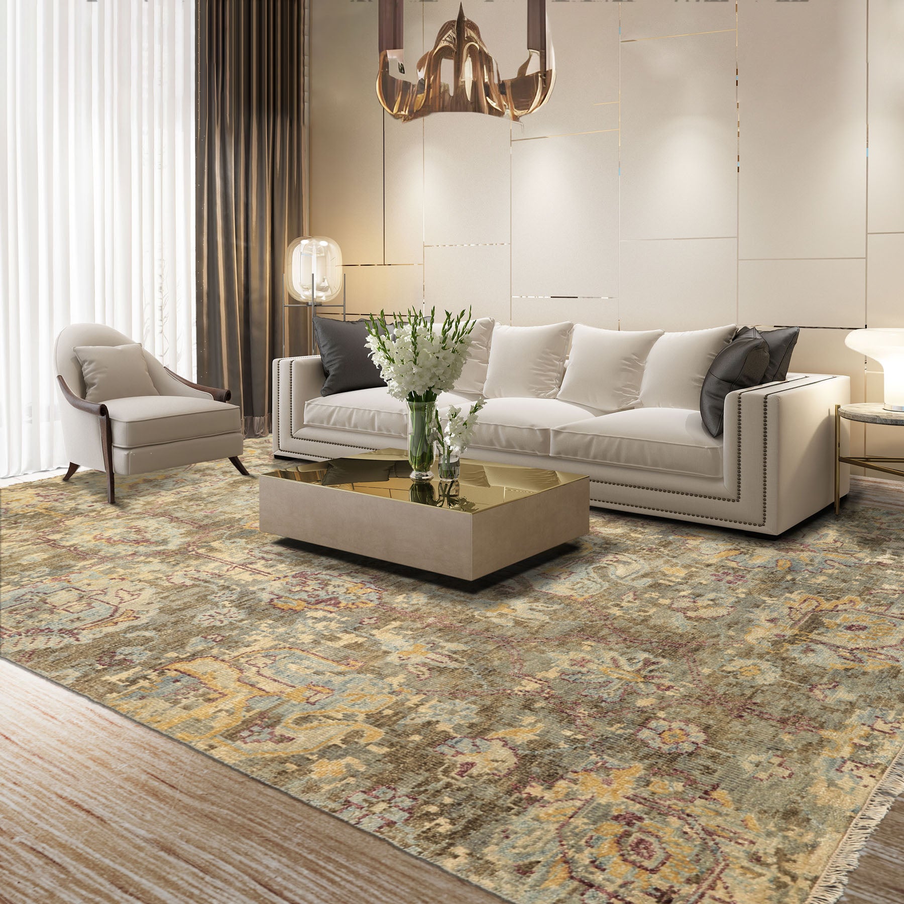 6x9 Beige, Moss, Aqua Color Hand Knotted Oushak Wool Traditional Oriental Rug