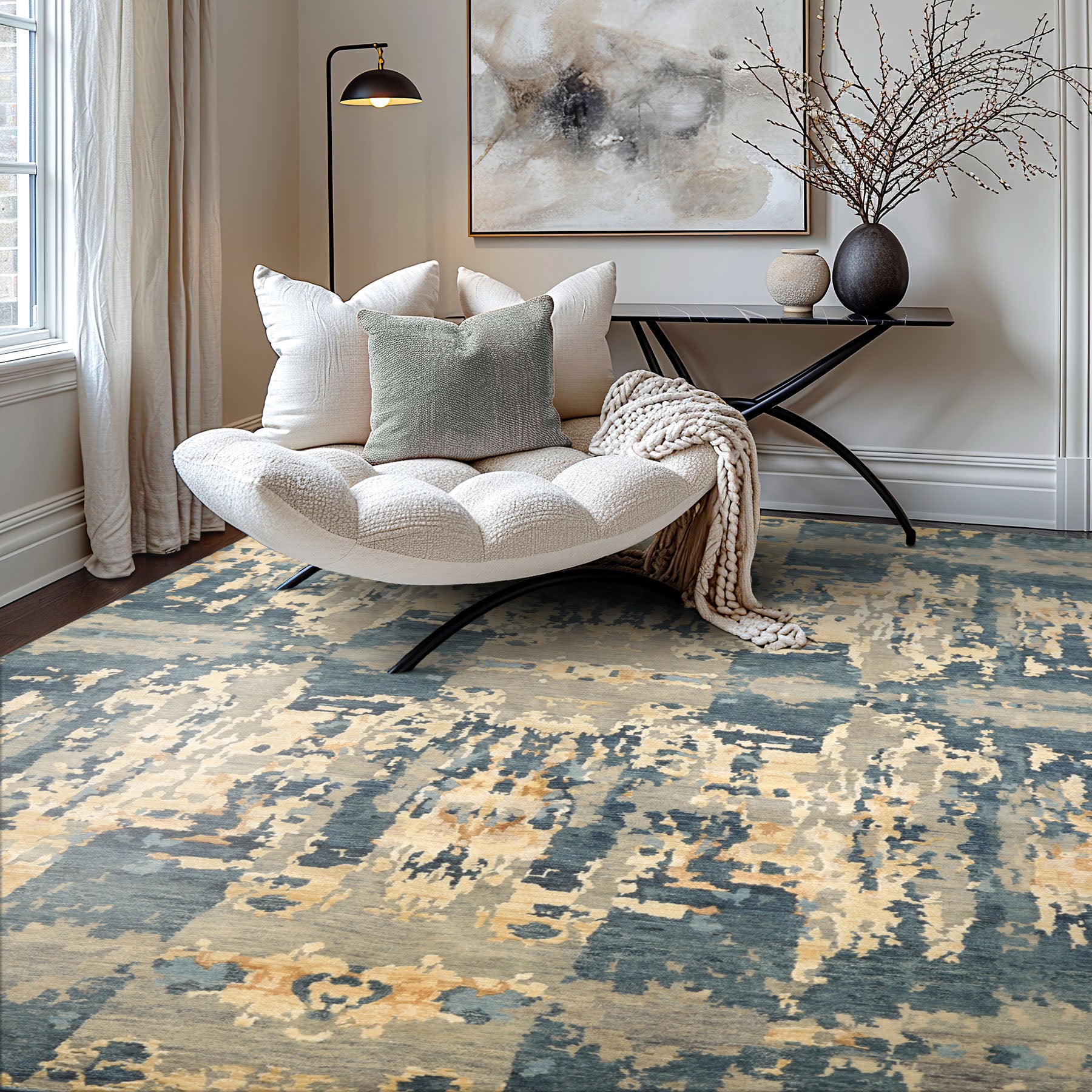 6x9 Gray, Aqua, Ivory Color Hand Knotted Indo Tibetan Wool & Bamboo Silk Modern & Contemporary Oriental Rug
