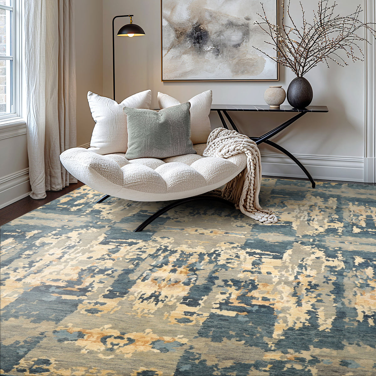 6x9 Gray, Aqua, Ivory Color Hand Knotted Indo Tibetan Wool & Bamboo Silk Modern & Contemporary Oriental Rug
