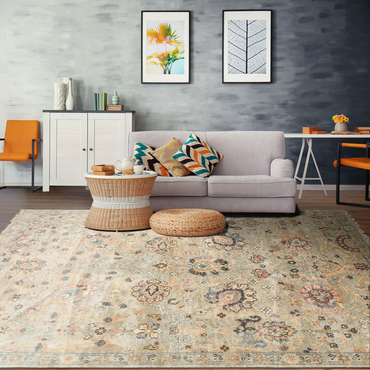 6x9 Gray, Blue, Rose Color Hand Knotted Oushak Wool Arts & Crafts Oriental Rug