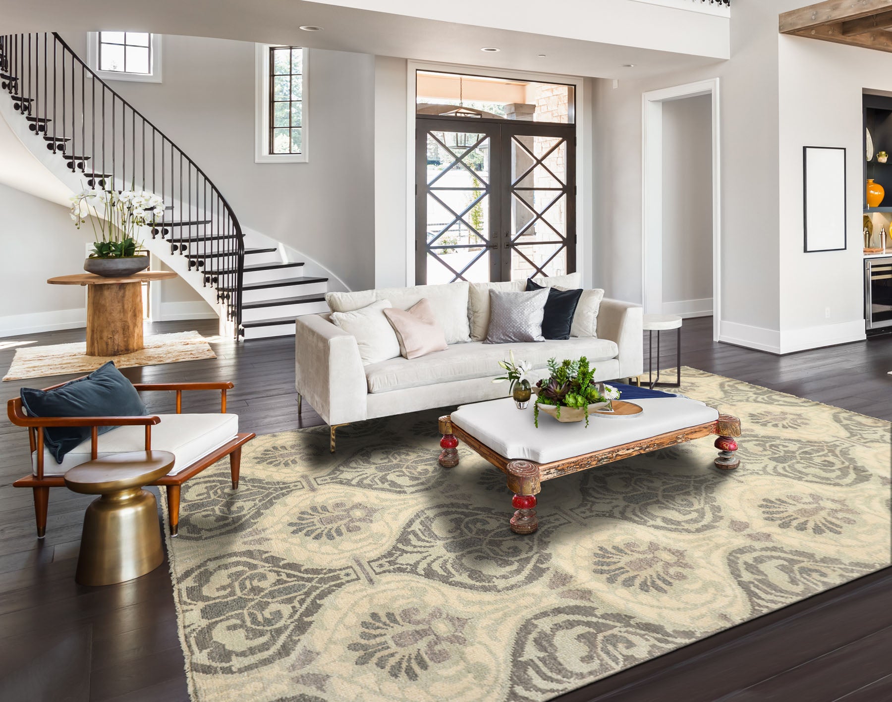 6x9 Ivory, Faded Mint, Gray Color Hand Knotted Oushak Wool Transitional Oriental Rug