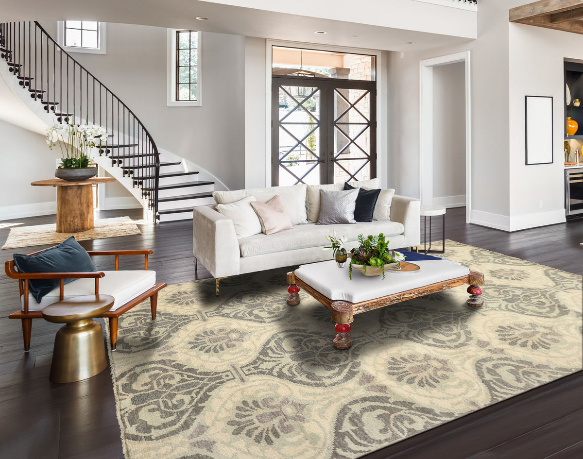 6x9 Ivory, Faded Mint, Gray Color Hand Knotted Oushak Wool Transitional Oriental Rug