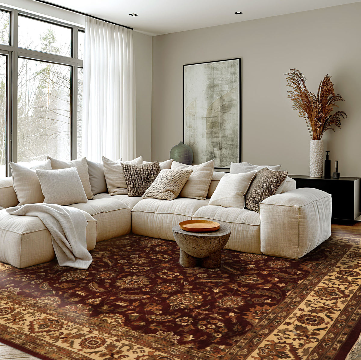 Square Maroon, Ivory, Moss Color Hand Knotted Agra Wool Traditional Oriental Rug