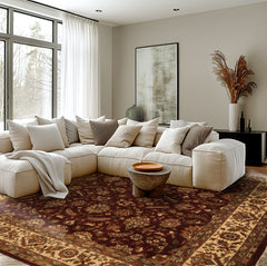 Square Maroon, Ivory, Moss Color Hand Knotted Agra Wool Traditional Oriental Rug