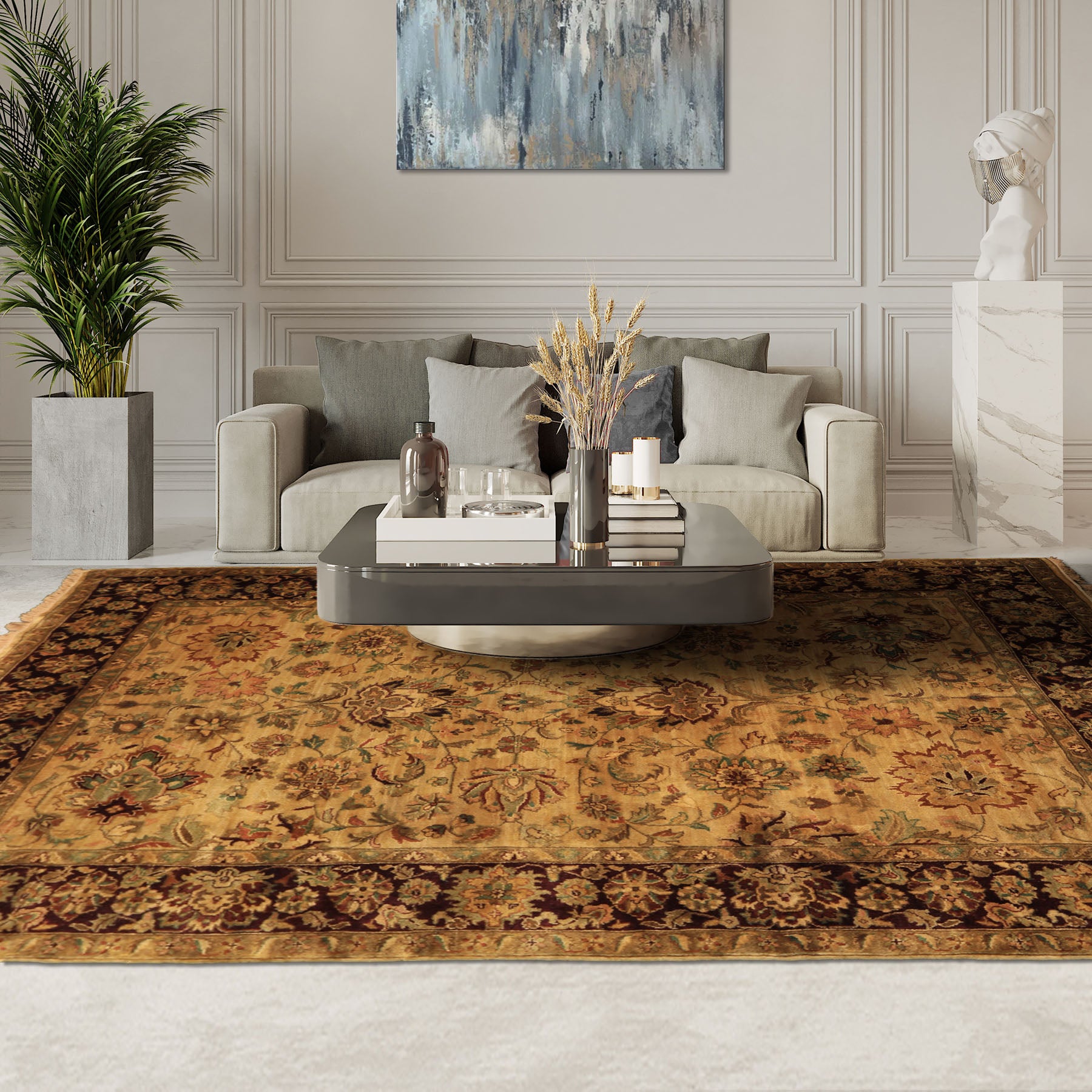 6x9 Gold, Maroon, Turquoise Color Hand Knotted Agra Wool Traditional Oriental Rug