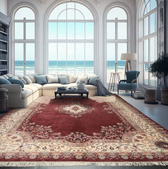 Oversize Plum, Ivory, Aqua Color Hand Knotted Indo Kerman Wool Traditional Oriental Rug