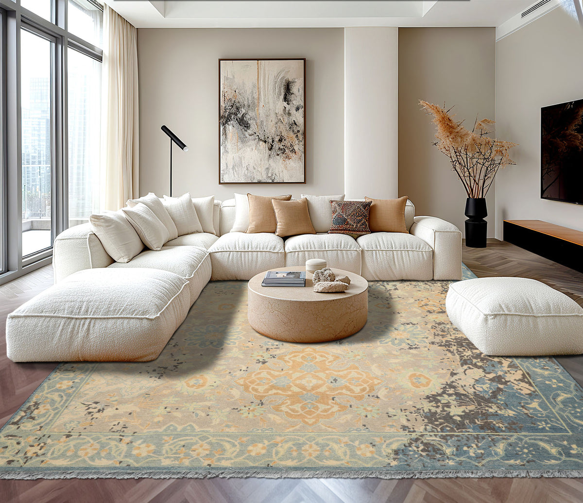 8x10 Taupe, Beige, Blue Color Hand Knotted Oushak Wool Transitional Oriental Rug