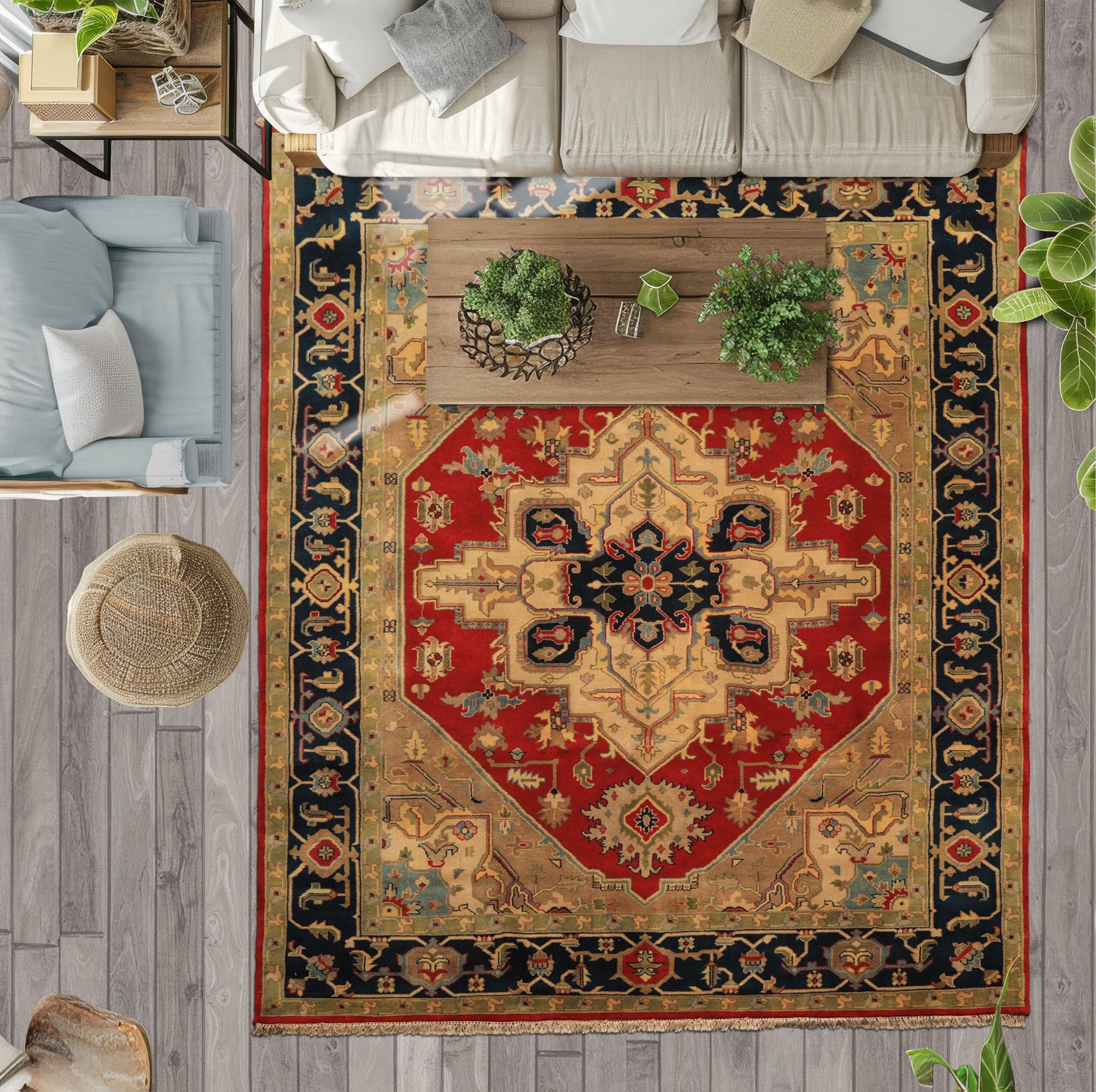 8x10 Red, Teal, Sage Color Hand Knotted Indo Heriz Wool Traditional Oriental Rug