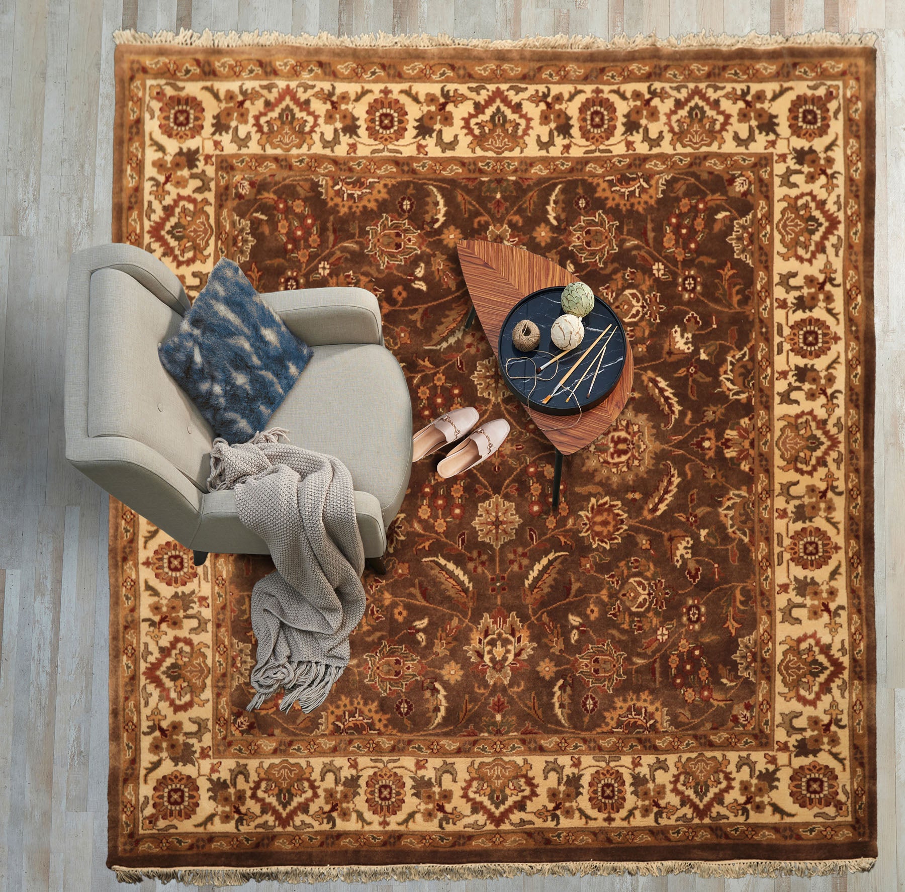 Square Brown, Ivory, Rust Color Hand Knotted Agra Wool Traditional Oriental Rug