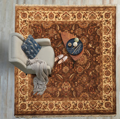 Square Brown, Ivory, Rust Color Hand Knotted Agra Wool Traditional Oriental Rug