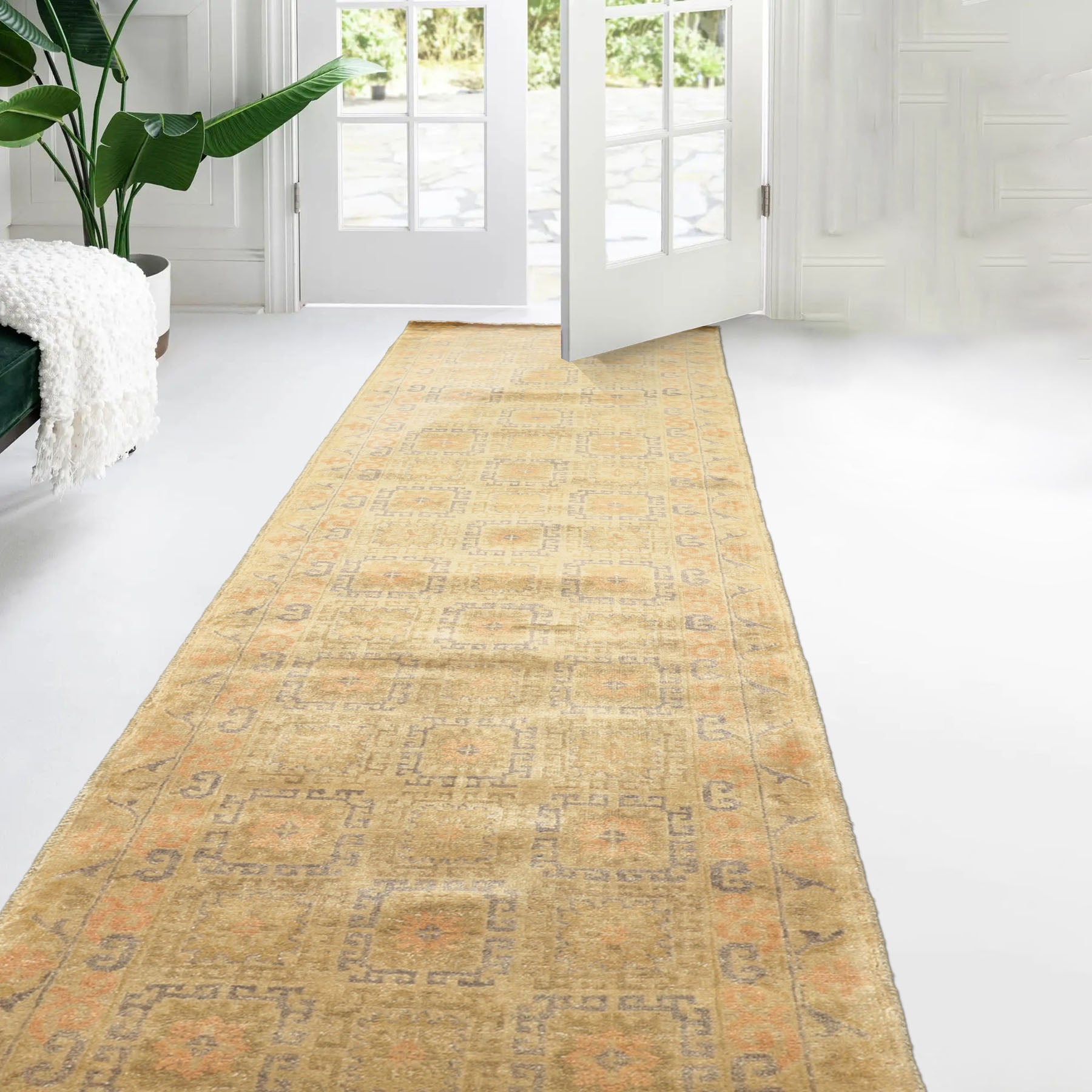 Runner Mint, Beige, Gray Color Hand Knotted Oushak Wool Transitional Oriental Rug