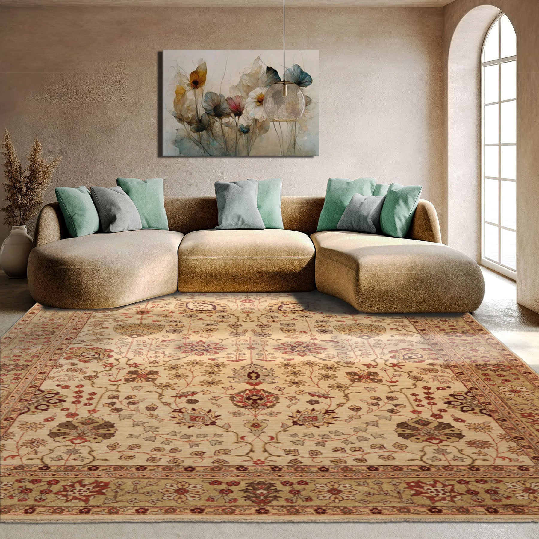 9x12 Beige, Sage, Rust Color Hand Knotted Chobi Peshawar Wool Traditional Oriental Rug