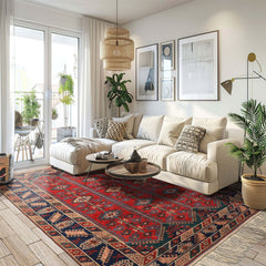 6x9 Red, Navy, Turquoise Color Hand Knotted Shirvan Wool Tribal Oriental Rug