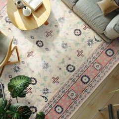 9x12 Ivory, Blush, Aqua Color Hand Knotted Organic Look Wool Traditional Oriental Rug