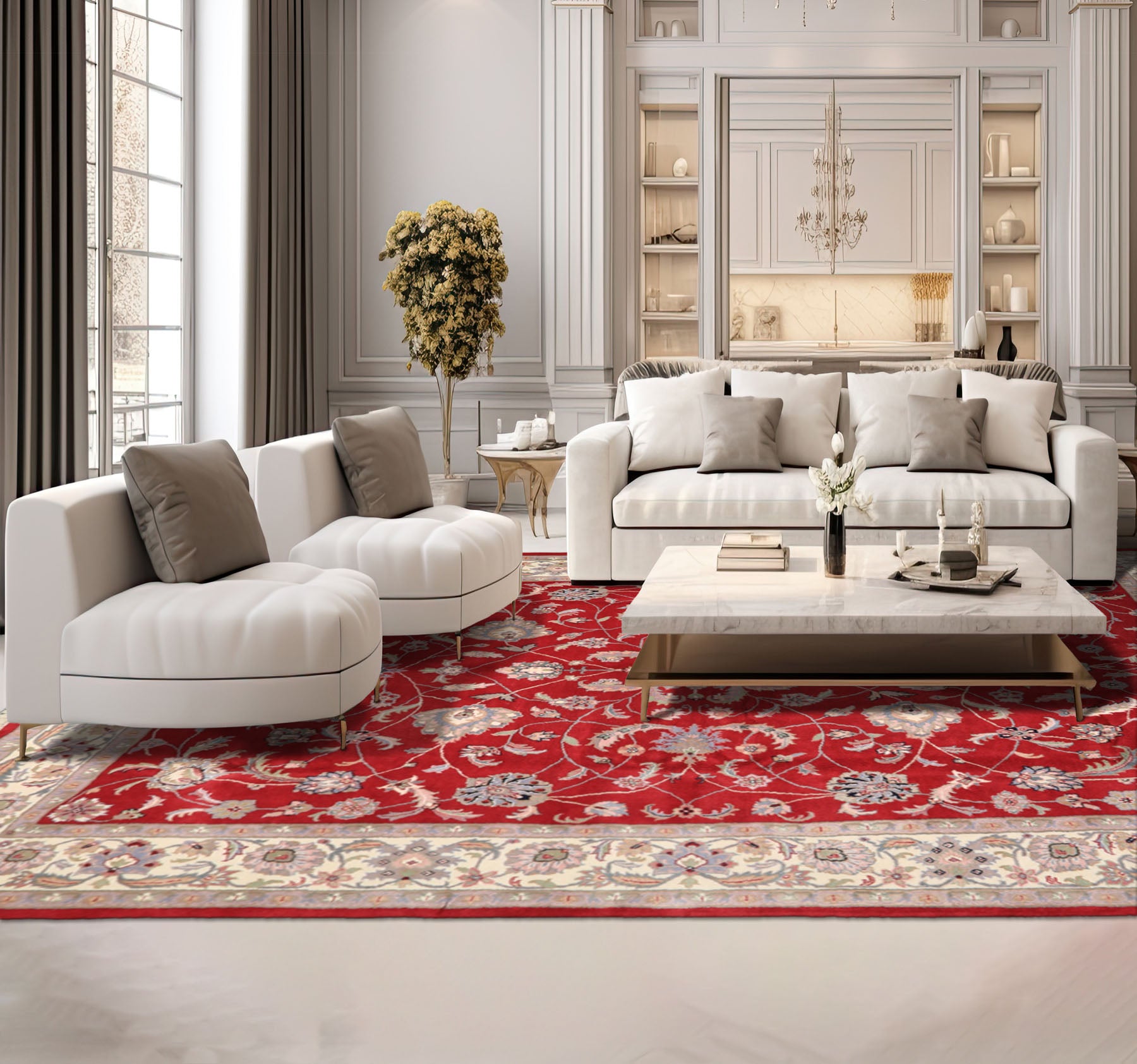 9x12 Fuschia, Ivory, Taupe Color Hand Knotted Indo Kashan Wool Traditional Oriental Rug