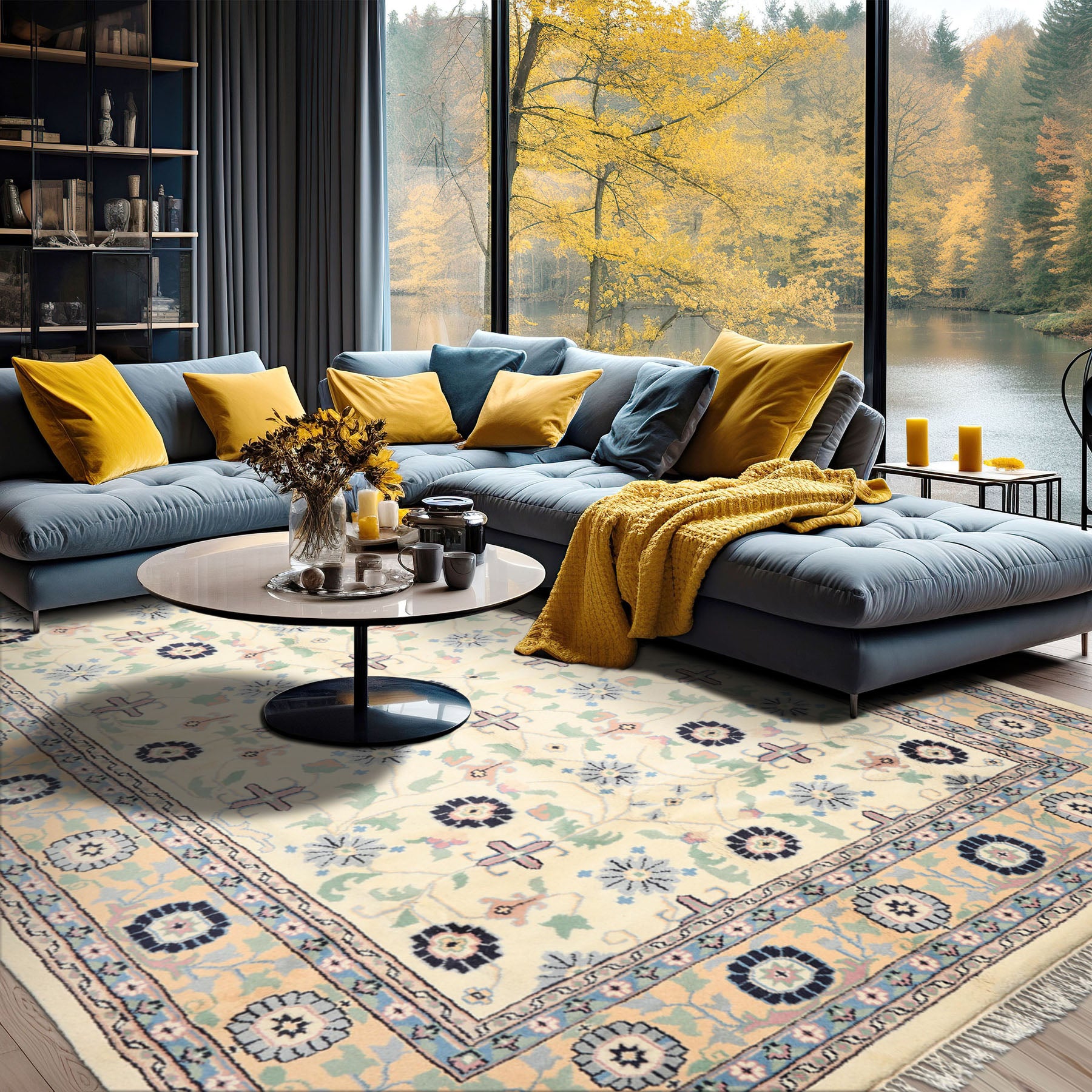 8x11 Ivory, Peach, Blue Color Hand Knotted Indo Kashan Wool Traditional Oriental Rug