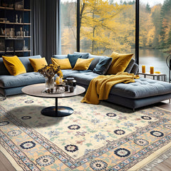 8x11 Ivory, Peach, Blue Color Hand Knotted Indo Kashan Wool Traditional Oriental Rug