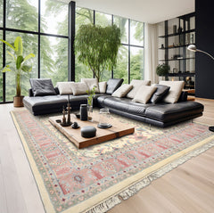 9x12 Ivory, Blush, Sage Color Hand Knotted Indo Kashan Wool Traditional Oriental Rug