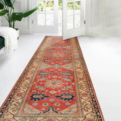 Runner Coral, Moss, Navy Color Hand Knotted Kazak Wool Traditional Oriental Rug