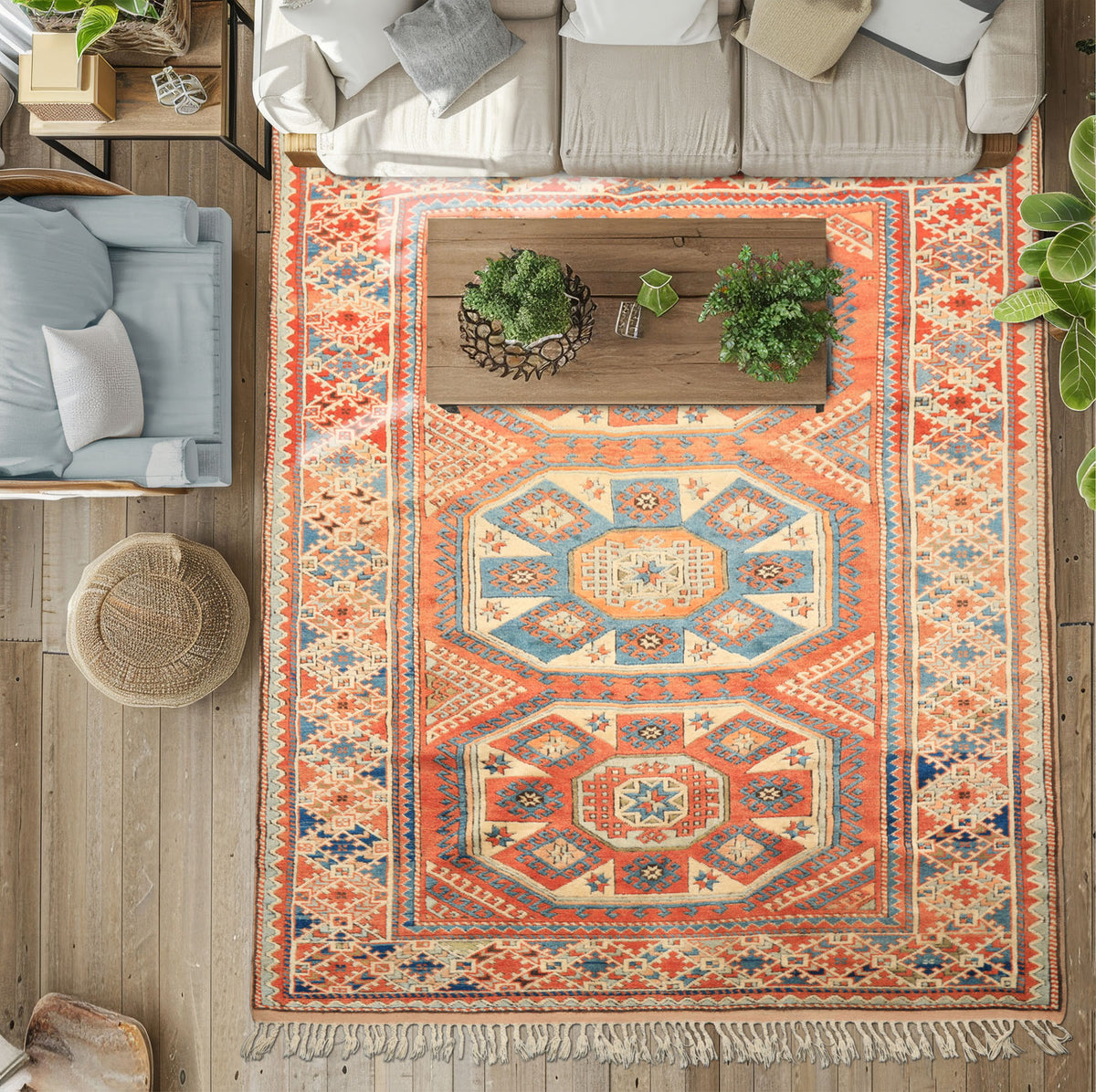 6x9 Burnt Orange, Ivory, Blue Color Hand Knotted Caucasian Kazak Wool Traditional Oriental Rug