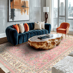 8x10 Dusty Rose, Ivory, Aqua Color Hand Knotted Indo Kashan Wool Traditional Oriental Rug