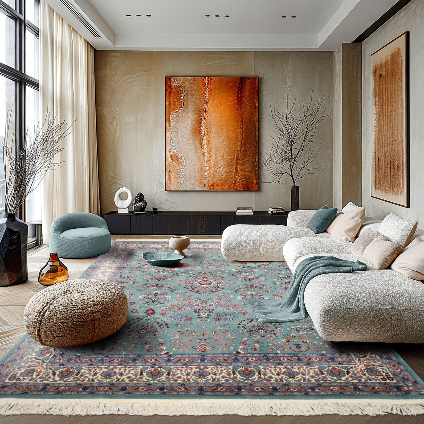 8x10 Turquoise, Ivory, Red Color Hand Knotted Indo Sarouk New Zealand Wool Traditional Oriental Rug