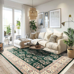 8x10 Emerald, Ivory, Blush Color Hand Knotted Indo Kashan Wool Traditional Oriental Rug