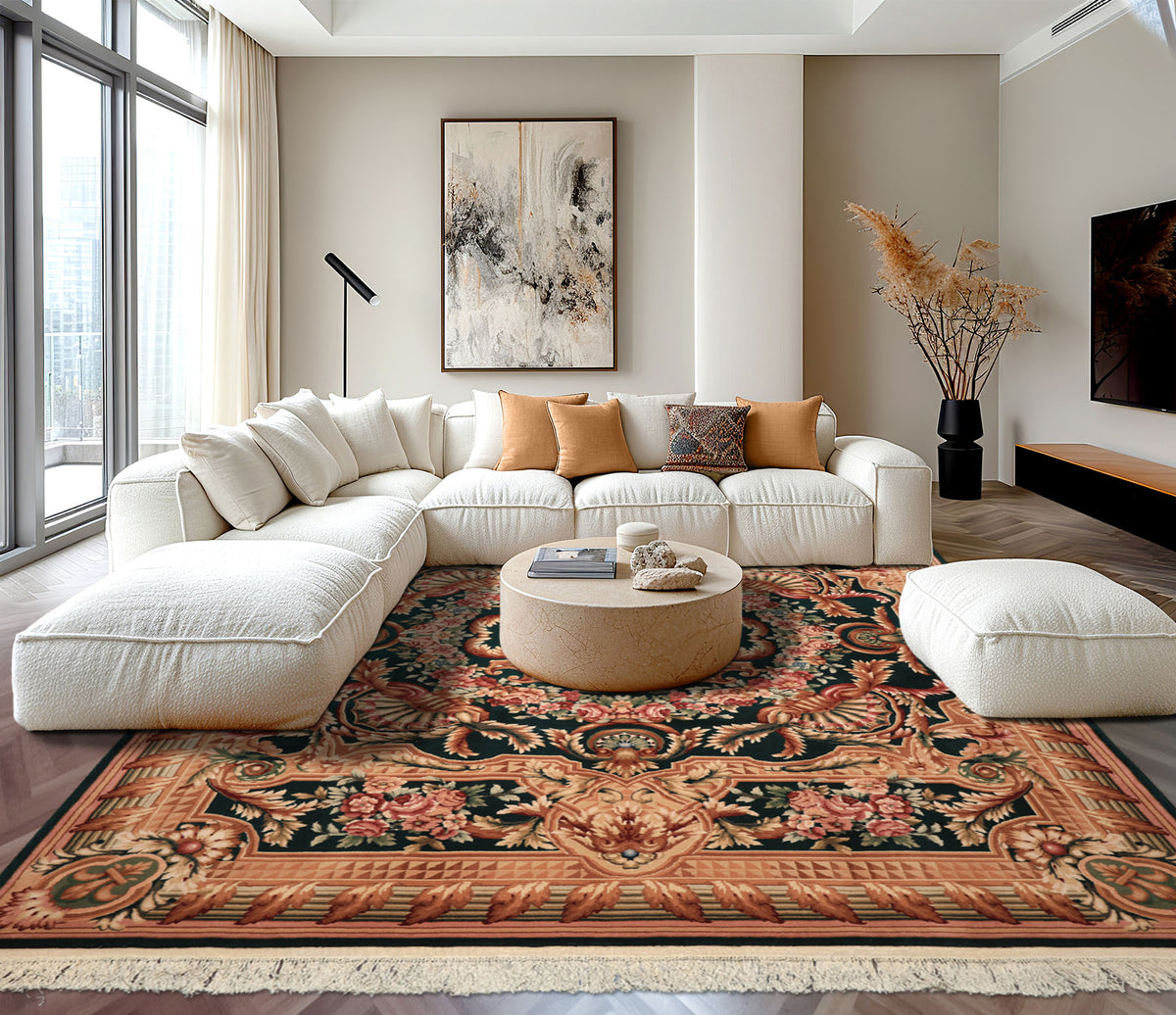 8x10 Emerald, Tan, Brown Color Hand Knotted French Aubusson Savonerrie Wool Traditional Oriental Rug