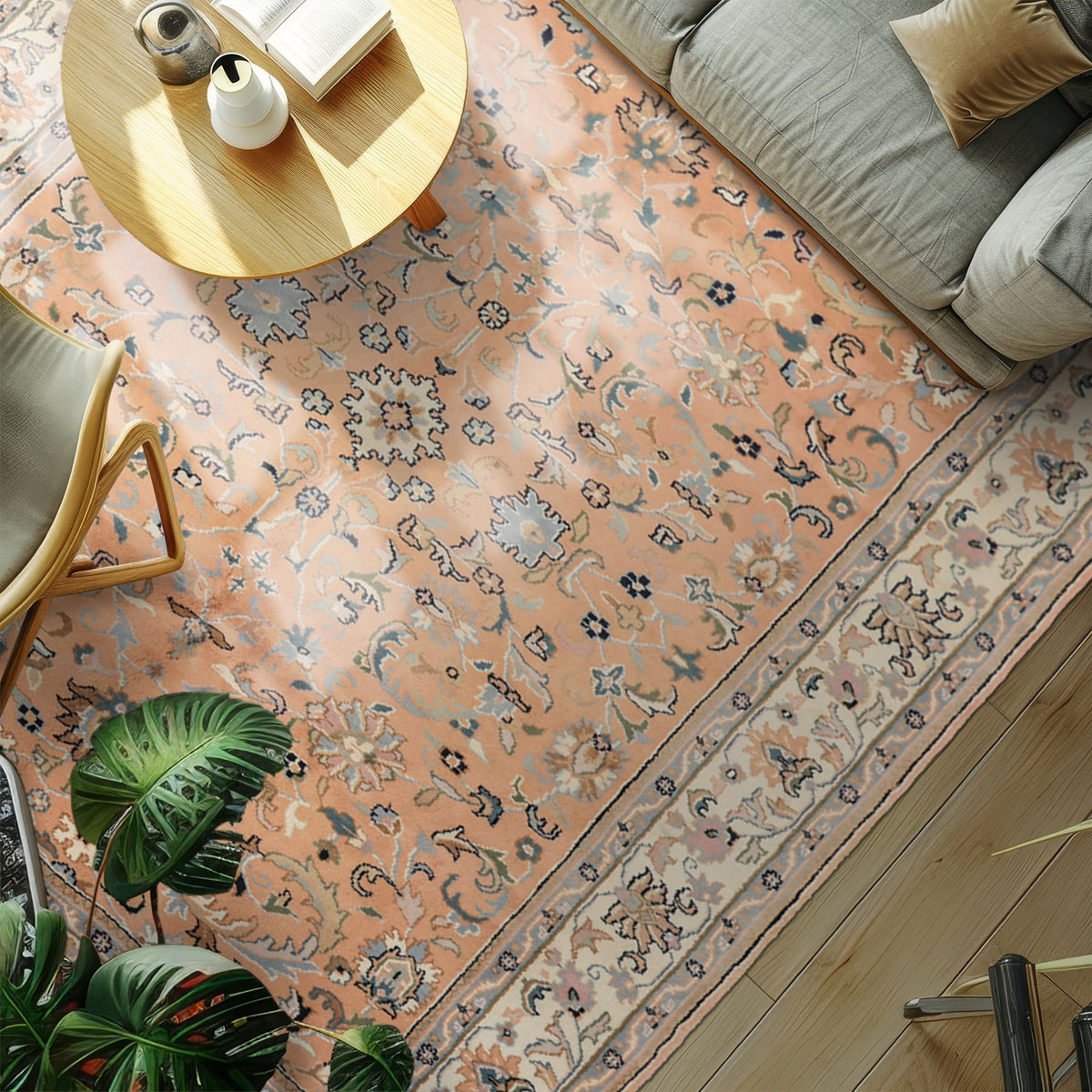 6x9 Peach, Ivory, Blue Color Hand Knotted Indo Kashan Wool Traditional Oriental Rug