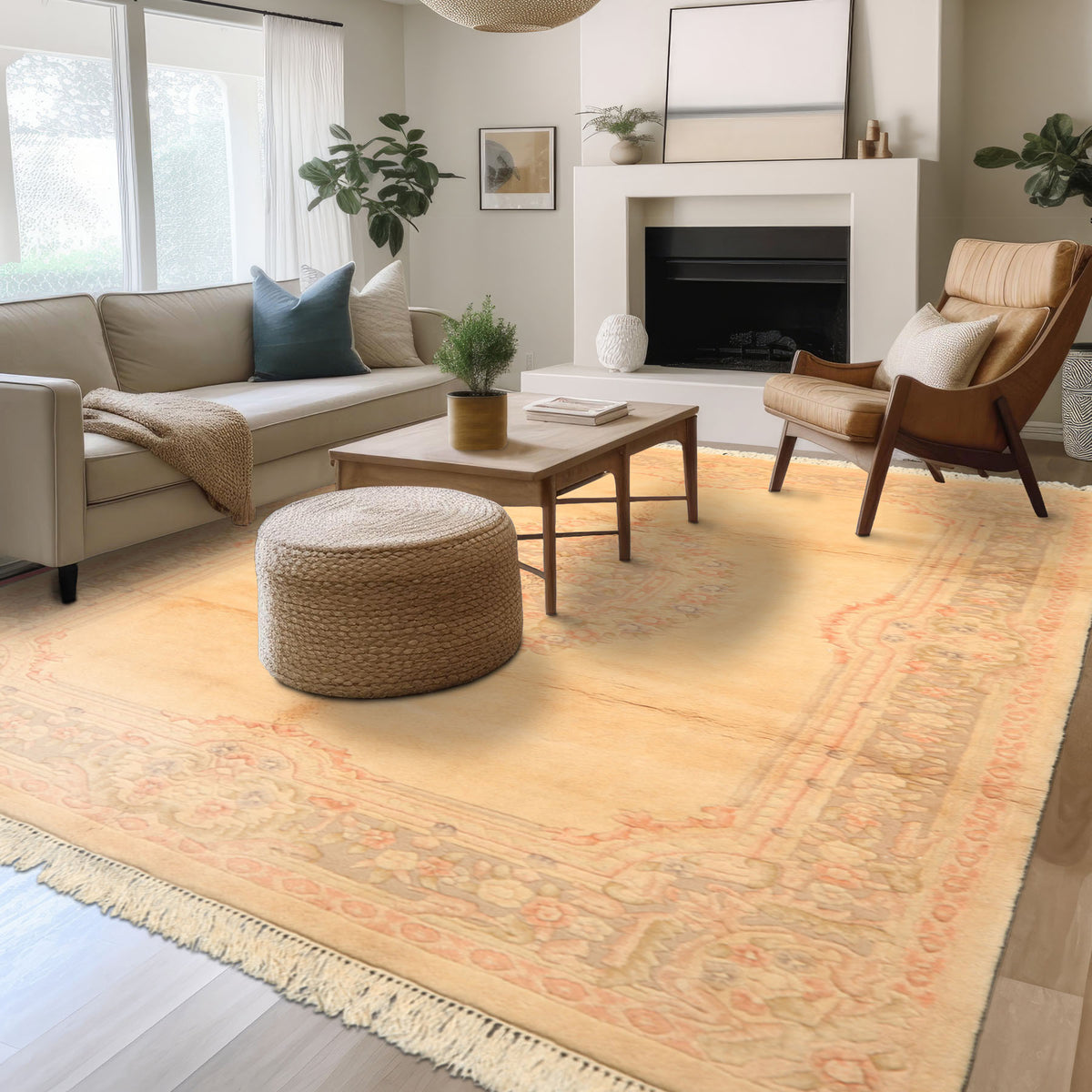 6x9 Tan, Blush, Taupe Color Hand Knotted Indo Kerman Wool Traditional Oriental Rug