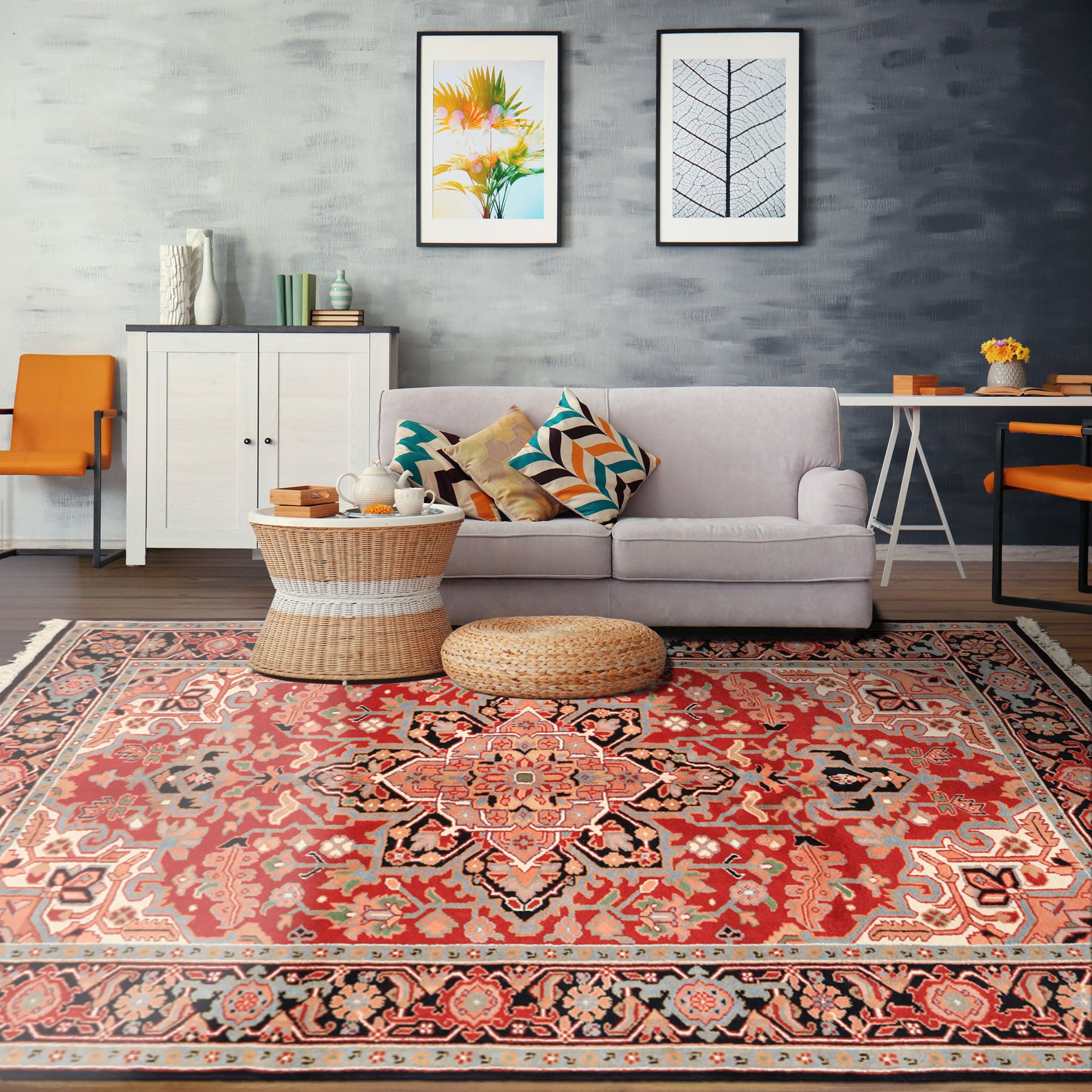 6x9 Red, Aqua, Blush Color Hand Knotted Indo Heriz Wool Traditional Oriental Rug