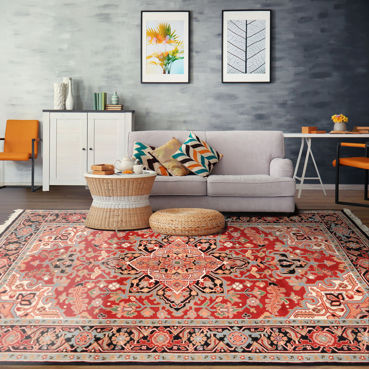 6x9 Red, Aqua, Blush Color Hand Knotted Indo Heriz Wool Traditional Oriental Rug