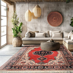 6x9 Ruby Red, Beige, Aqua Color Hand Knotted Indo Tabriz Wool Traditional Oriental Rug