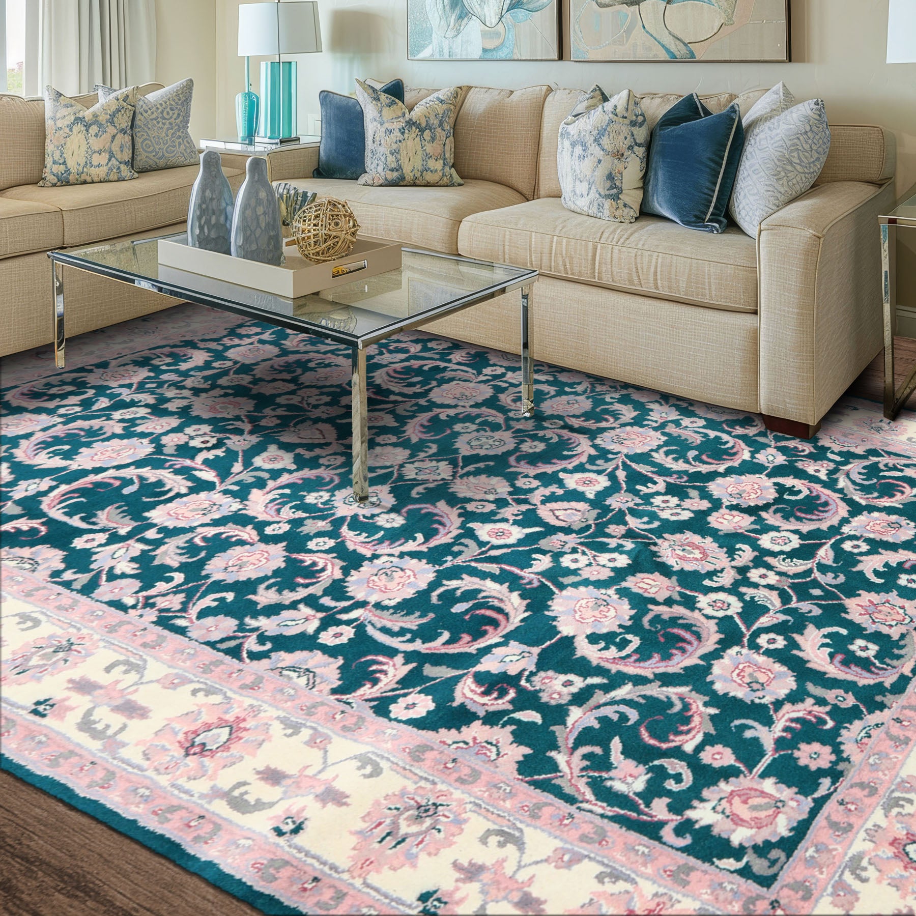 6x9 Emerald, Ivory, Pink Color Hand Knotted Indo Kashan Wool Traditional Oriental Rug