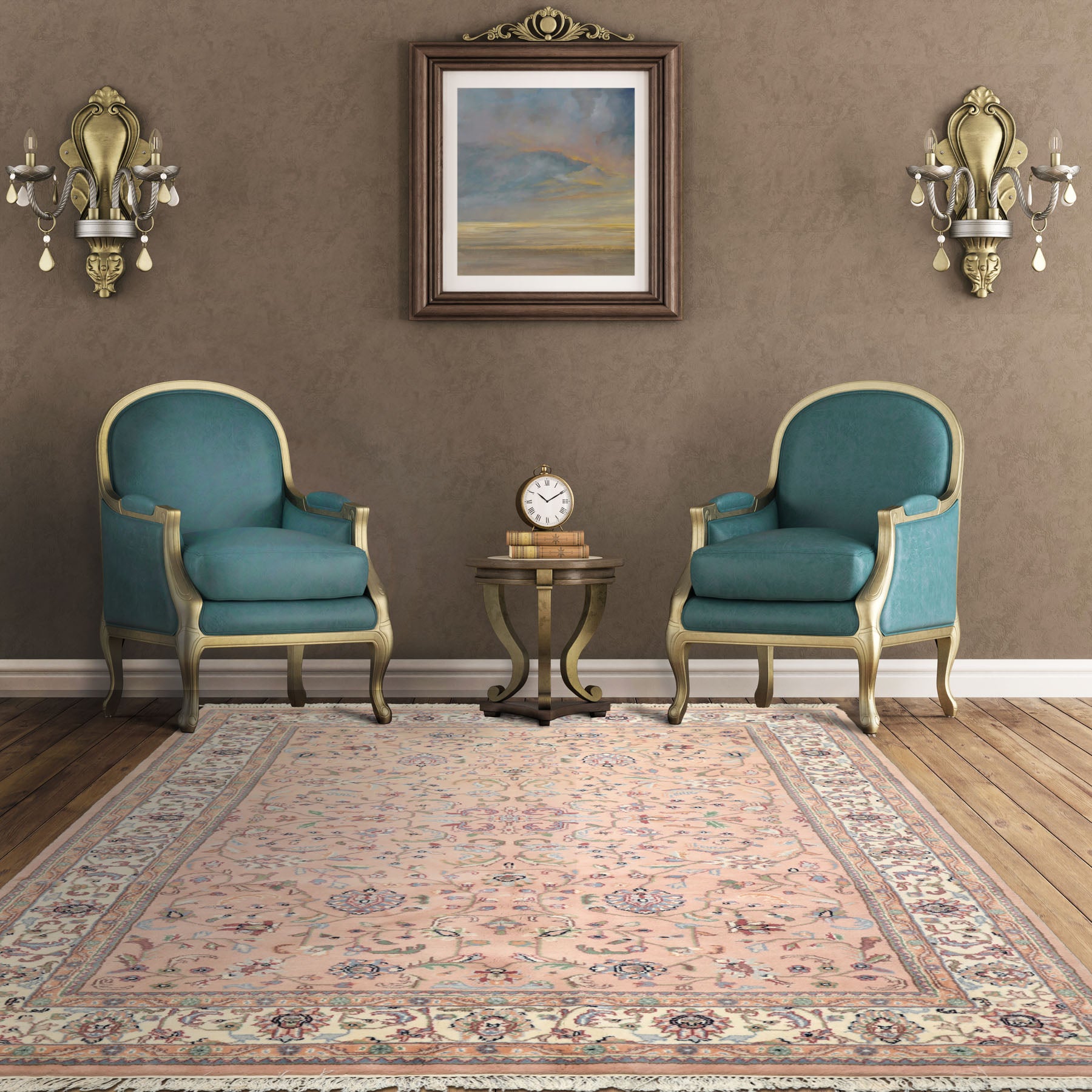 6x9 Baby Pink, Ivory, Aqua Color Hand Knotted Indo Kashan Wool Traditional Oriental Rug