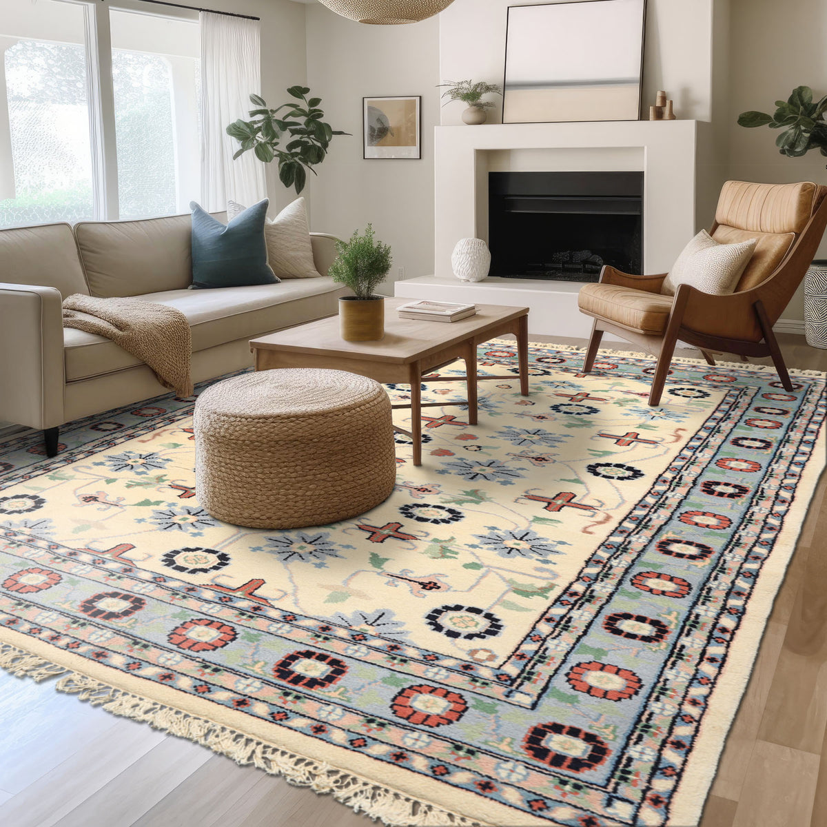 5x8 Ivory, Blue, Black Color Hand Knotted Indo Kashan Wool Traditional Oriental Rug