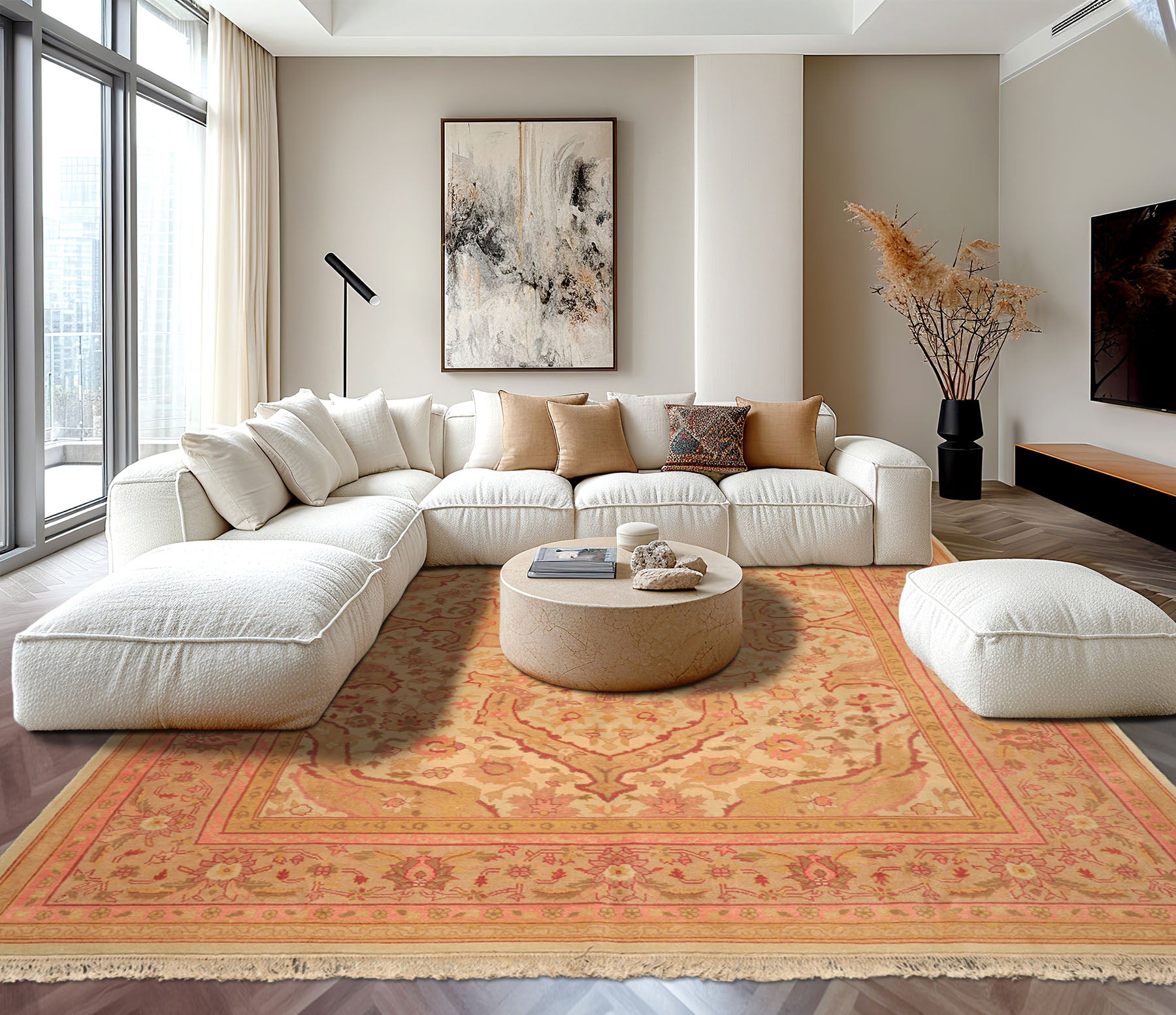 9x12 Beige, Pink, Rose Color Hand Knotted Indo Oushak Wool Arts & Crafts Oriental Rug