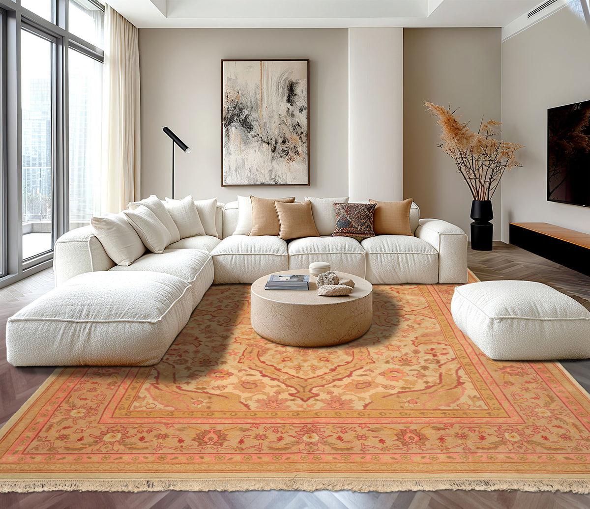 9x12 Beige, Pink, Rose Color Hand Knotted Indo Oushak Wool Arts & Crafts Oriental Rug