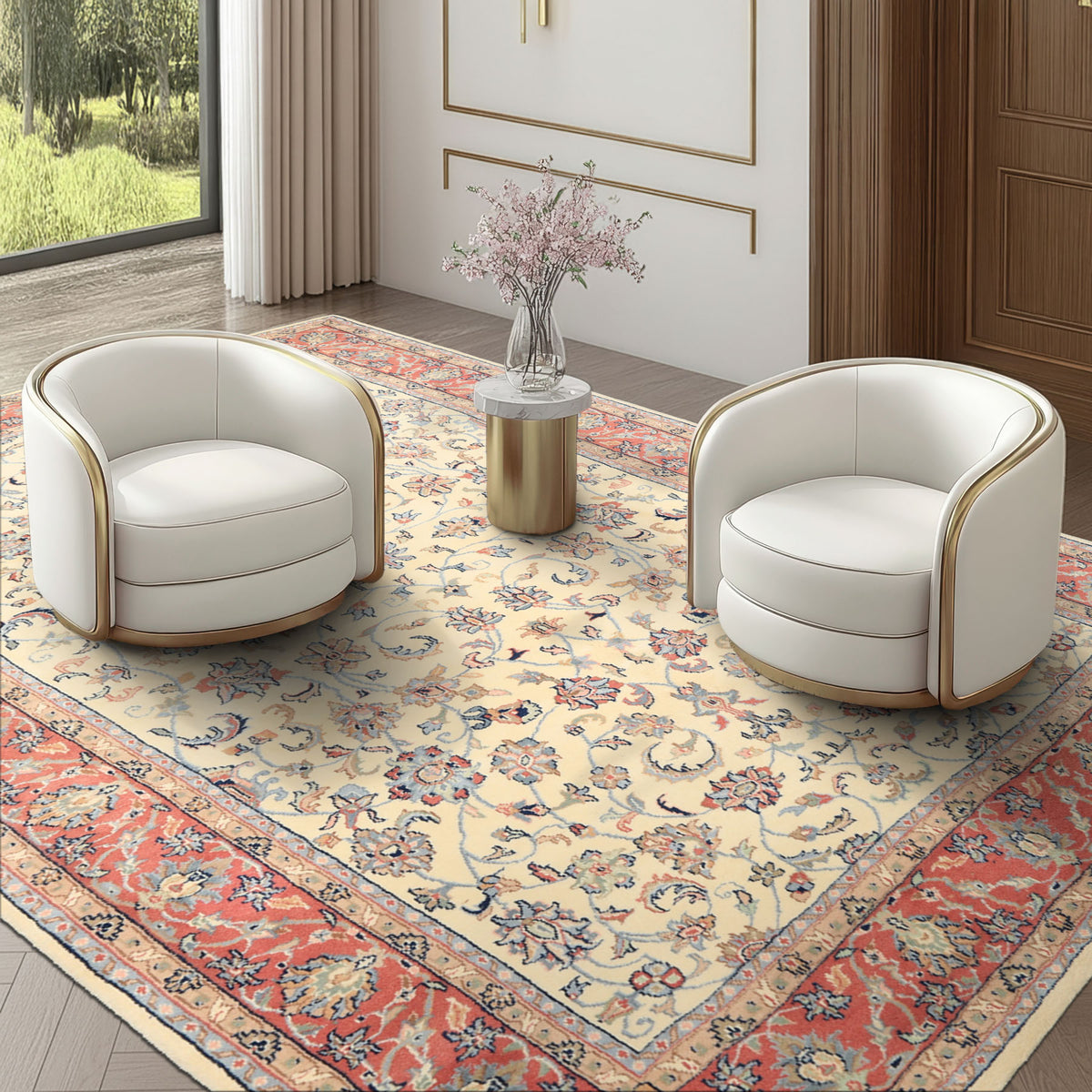 6x9 Ivory, Rose, Blue Color Hand Knotted Indo Kashan Wool Traditional Oriental Rug